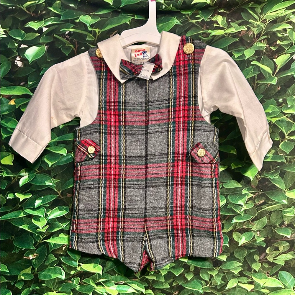 Vintage 60s Good Lad Outfit Shortalls Shirt Set With Bow Tie Wool Plaid Boys 18M
